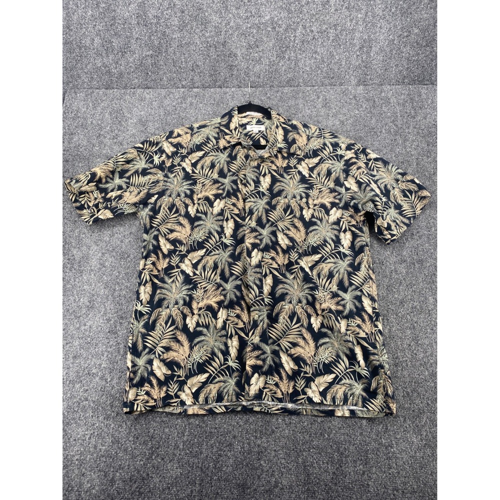 Pierre Cardin Tropical Palm Leaf Shirt Mens L Black Tan Cotton Aloha Button Up